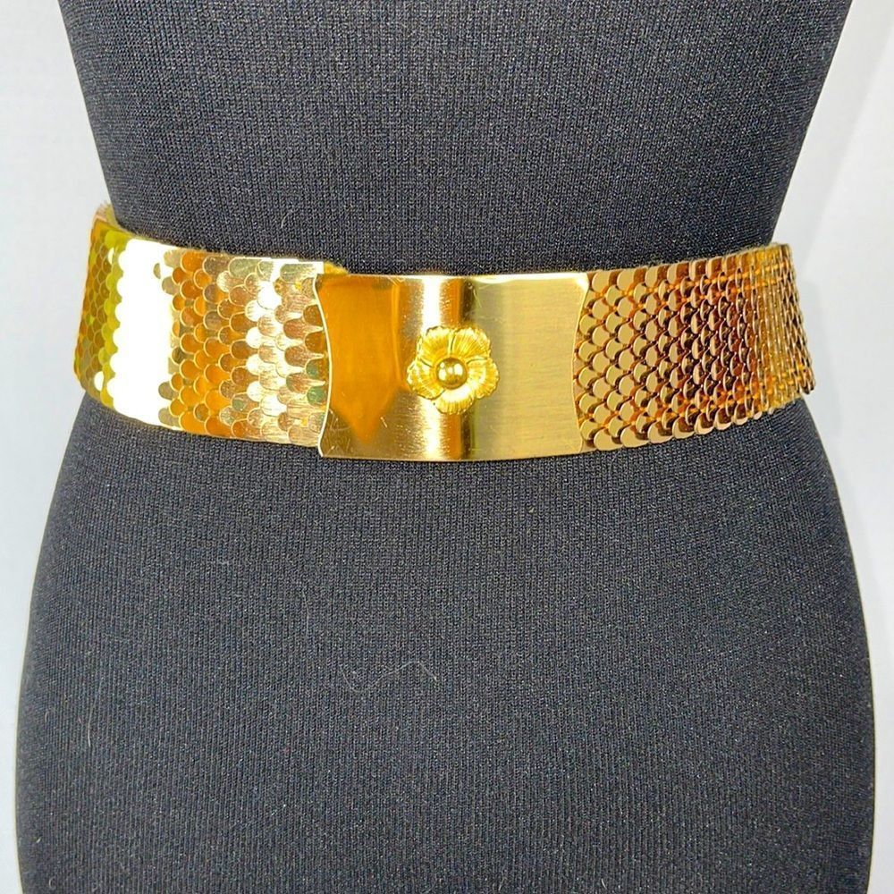 Vintage Garay Gold Tone Snake Belt Stretch Fish Scale Elastic Flower Acc…